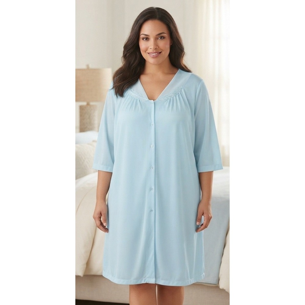 Vintage Vassarette Embroidered V-Neck Nightgown XXXL Light Blue Lounge Nylon USA